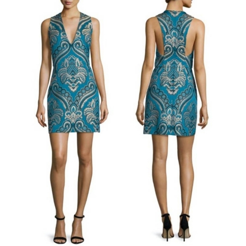 Alice+Olivia Natalee Jacquard racer back A-line mini dress in paisley print.